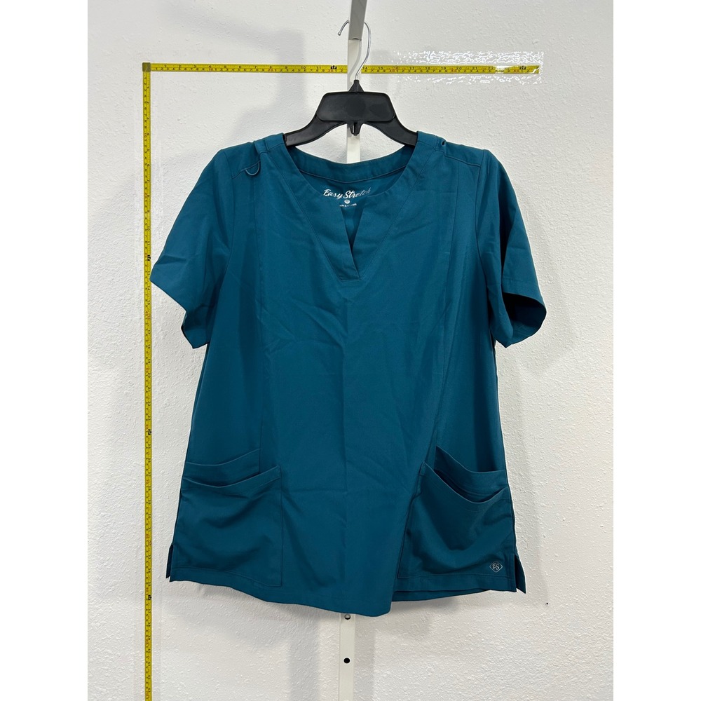 Easy Stretch Teal Blue Scrub Top Women Large Split V-Neck Short‎ Sleeve Pockets